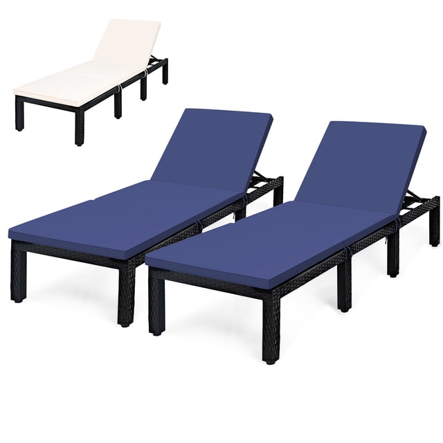 Costway 2PCS Patio Rattan Lounge Chair Chaise Recliner made of hand-woven black PE rattan and steel frame, featuring navy and off-white cushion covers. Adjustable backrest with 7 positions and 8 sturdy legs for stability. Perfect as an outdoor chaise lounge for patios, poolside, or gardens.
