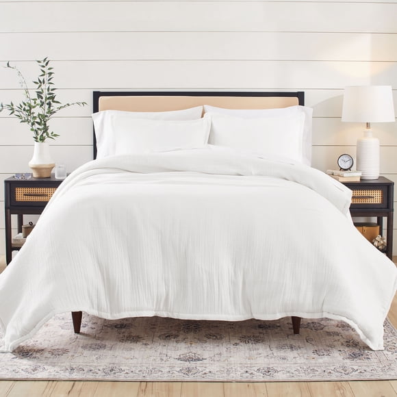 Better Homes & Gardens Ensemble de housse de couette froissée en gaze blanche arctique, 3 pièces, Adulte King