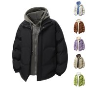 Sentmoon Winter Coats for Men Winter Jackets for Men Women's Gifts Men's Casual Fashion Fake Two Piece Hooded Jacket Windproof Cold Thickened Loose Outerwear Long Sleeve Parkas Fall and Winter