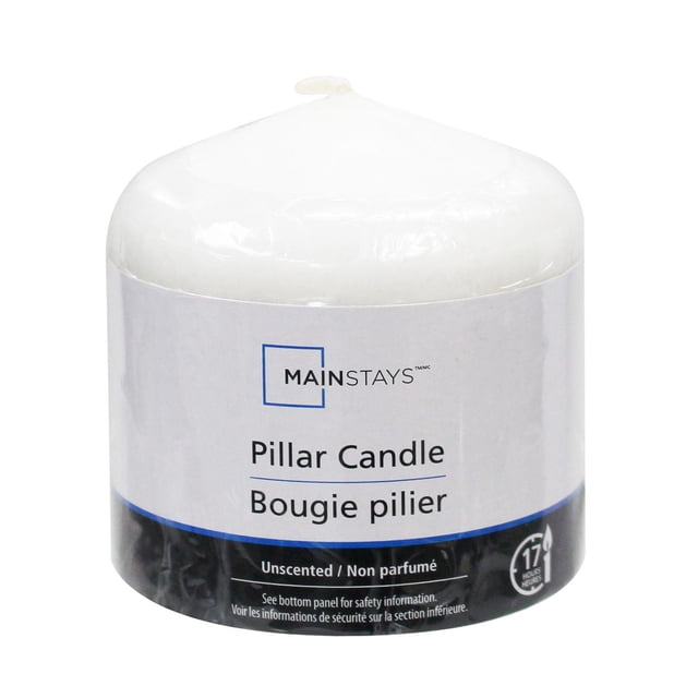 Mainstays Unscented 3-inch White Pillar Candle with smooth white wax and cotton wick, wrapped in clear plastic with bilingual label indicating unscented and 17-hour burn time, suitable for indoor Christmas decorations and ambient lighting.