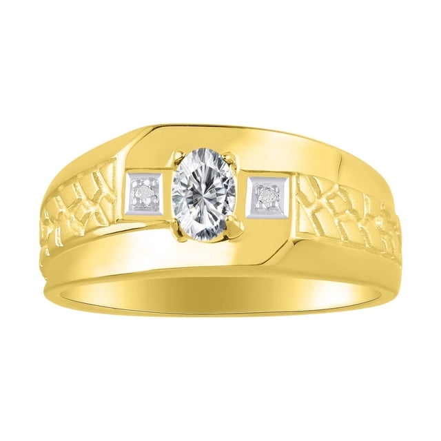 RYLOS Men's Rings 14K Yellow Gold Classic Nugget 6X4MM Oval Gemstone & Diamond Ring White Topaz April Birthstone Rings Size 9