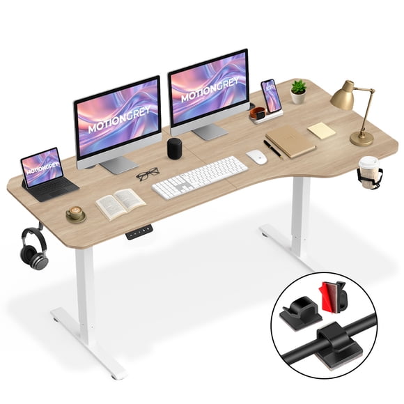 MotionGrey - Ergo2 TG Bureau Debout Électrique en L Réglable à Droite avec Réglages de Mémoire -63"x24 Pouces Dessus Brun Pâle Cadre Blanc Bureau Ergonomique pour la Maison et le Bureau