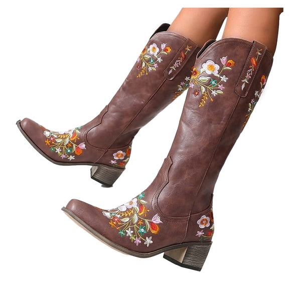 Dakaela Cowboy Knee High Boots Women Wide Calf Western Cowgirl Boot Embroidered Chunky Heel Tall Boots