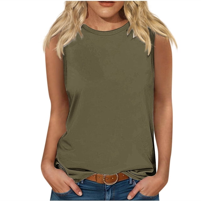 Chandails Sans Manches pour Femmes Nouveaux Hauts Décontractés Unis Sans Manches à Col Rond Blouse Débardeurs d'Entraînement pour Femmes Vert Armée 3TG