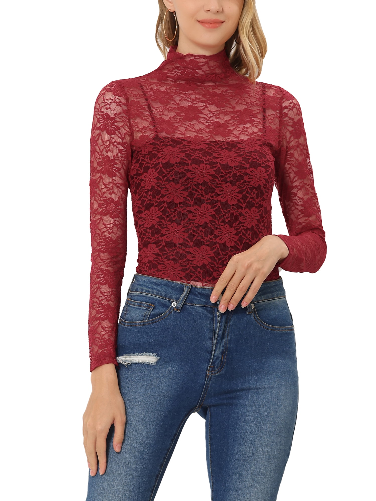 INSPIRE CHIC Chemisier Haut en Dentelle Florale Transparente à Col Roulé à Manches Longues Transparent pour Femme TG Bourgogne