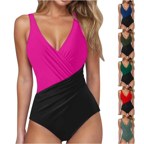 VBTAPA Women's One Piece Swimsuit Color Block Bathing Suit Tummy Control V Neck Wrapped Ruched Swimwear Prime Sales Today Hot Pink M