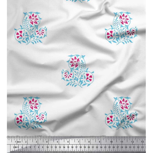 Soimoi Modal Satin Fabric Leaves & Floral Block Printed Fabric 1 Yard 42 Inch Wide