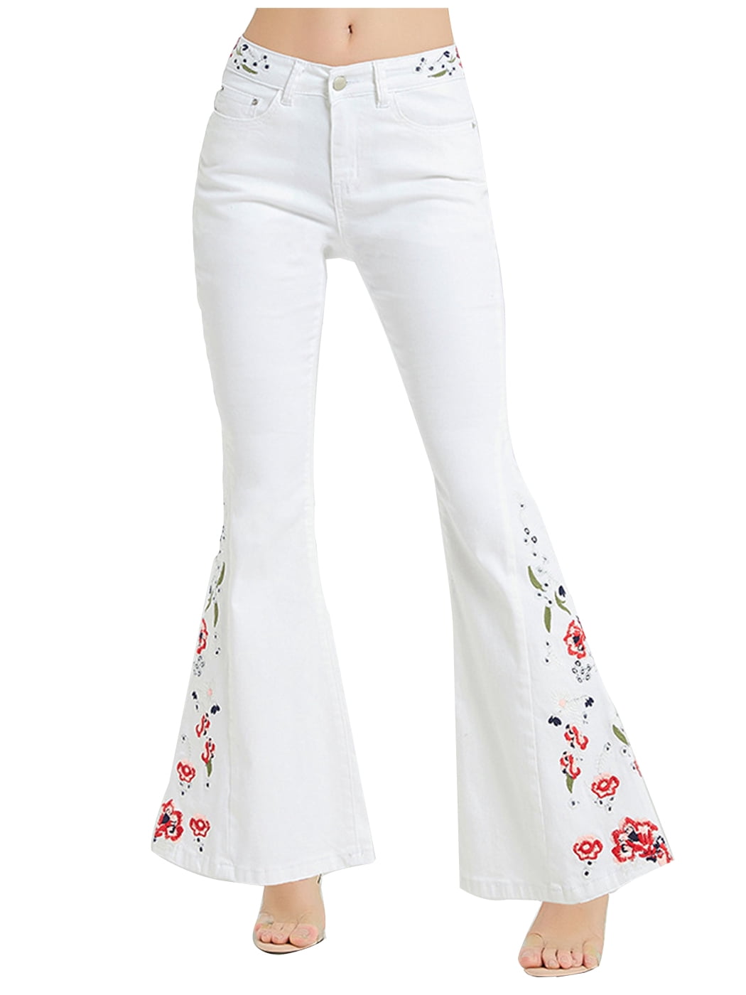 Feinuhan Jeans Rétro Taille Haute à Pattes d'Éléphant pour Femmes, Broderie Florale Marguerite, Denim Classique,