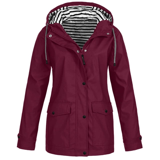 Women Solid Rain Jacket Outdoor Plus Size Waterproof Hooded Raincoat Windproof in a deep burgundy color. The jacket features a striped hood lining, long sleeves, and front snap-button pockets. Made of lightweight, waterproof polyester fabric, it is designed for all seasons and offers windproof and quick-drying properties. Suitable for casual, daily, or outdoor activities.