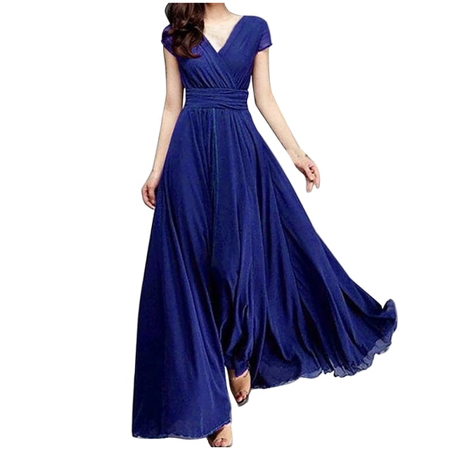 Ersazi Robe Portefeuille pour Femme à Col en V Couleur Manches Courtes en Chiffon Fermeture à la Taille Robe de Soirée en Liquidation Bleu 4TG