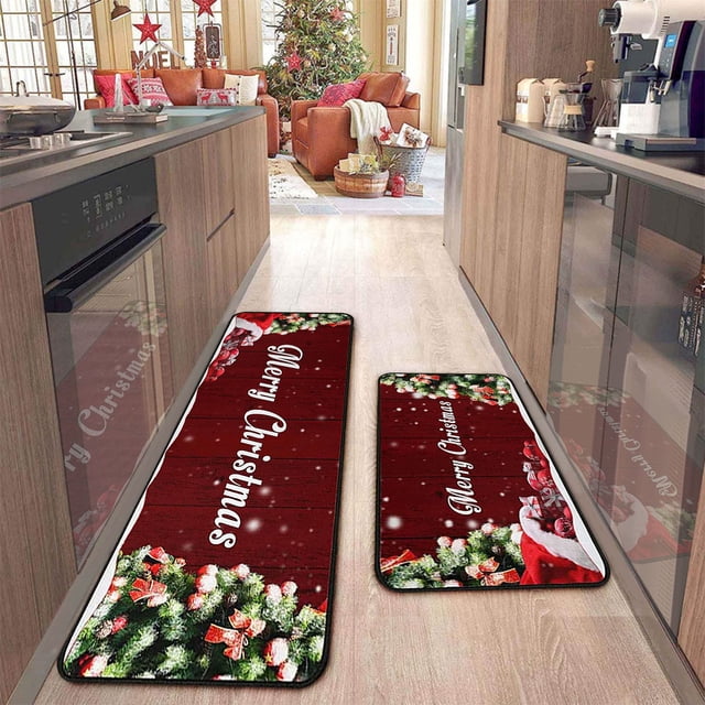 Christmas Kitchen Mats for Floor,Christmas Kitchen Rugs Set of 2,Christmas Kitchen Rugs and Mats for Floor Non-Slip Backing Mat,Christmas Kitchen Decor,Anti Fatigue Kitchen Rug with Runner