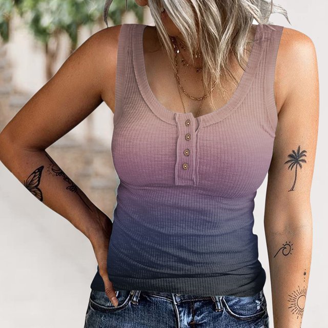 Women Ribbed Knit Sleeveless Top, Button Front Basic Camisole Scoop Neck Casual Stretchy for Daily Gradient Blue,Gradient Pink,Gradient Red,Gradient Purple,Pink Blue,Black White