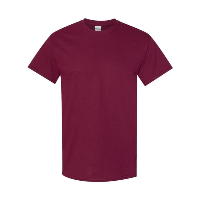 Gildan Mens Heavy Cotton T-Shirt in a plain burgundy design, ideal for casual wear. Features a crew neckline with ribbed and taped detailing, short sleeves, and a regular length tubular fit. Made from 100% heavyweight cotton with twin needle stitching on the hem and sleeves for durability. Certified sustainable with WRAP, Oeko-Tex Standard 100, and Fair Labor Association compliance.