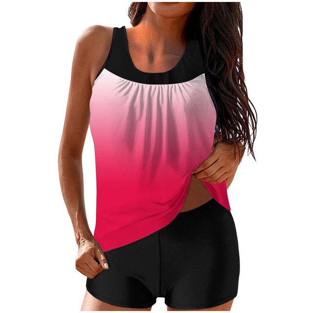 FAVIPT Printed Two Piece Swimsuits for Women Tummy Control Modest Athletic Bathing Suits Tank Top with Shorts Watermelon Red,S