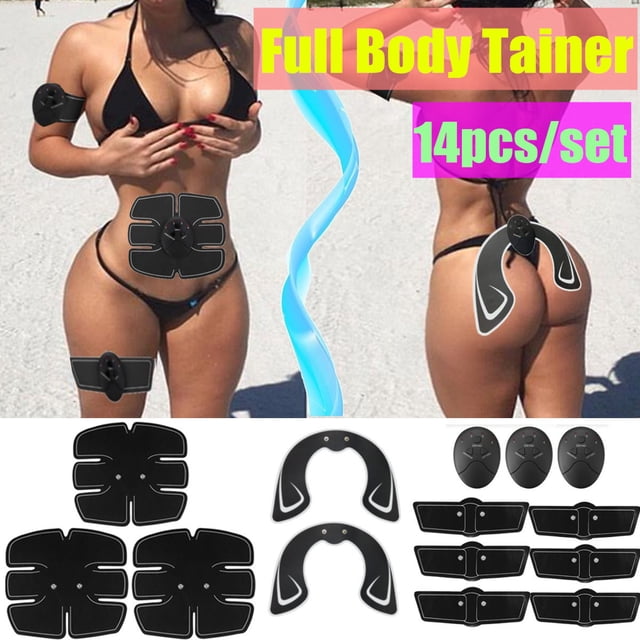 14Pcs/Set Full Body EMS Intelligent Training Gear, including abdominal muscle trainers, hip trainers, and arm trainers. The set features 3 ABS stickers, 2 hip trainers, 6 arm trainers, and 3 controllers. Made of PU leather, it offers 6 modes and 10 intensity levels for targeted muscle stimulation. Suitable for self-training at home, gym, or office, it is designed for toning and firming the abdomen, arms, legs, and hips. The ergonomic pad design ensures a secure fit, and the controllers are powered by AAA batteries.