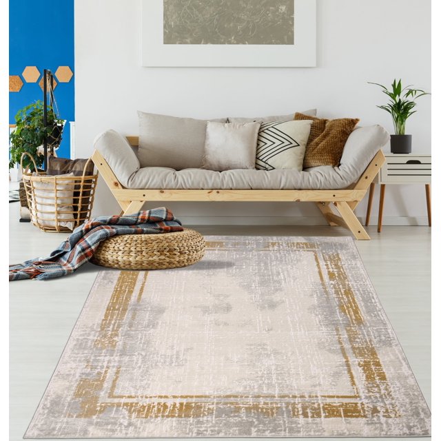 LaDole Rugs Mustard Grey Bordered Modern Contemporary Minimalistic Area Rug For Living Room Bedroom