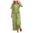 thumbnail image 1 of CHOK Femmes 2 Pièce Tenue Lin Récolte Manches Courtes Haut Salon Ensembles Assortis et Pantalons Longs Survêtements Rose Chaud L, 1 of 5