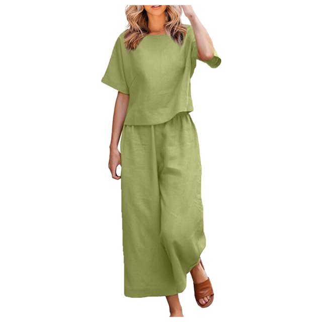 CHOK Femmes 2 Pièce Tenue Lin Récolte Manches Courtes Haut Salon Ensembles Assortis et Pantalons Longs Survêtements Rose Chaud L