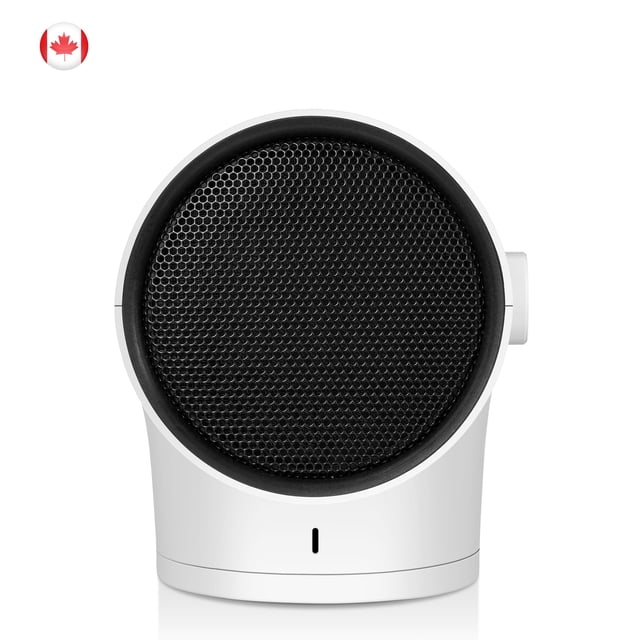 JS Mini Heater – Ceramic oscillating space heater for small spaces with 1000W power. Features a compact white design with a black mesh front, suitable for heating or cooling small areas up to 300 sq/ft. Includes 2 heating modes (600W/1000W), a cooling fan mode, and built-in oscillation for wider coverage. Safety features include tip-over auto shut-off and thermal cut-off sensors. Ideal for bedrooms, offices, or bathrooms.