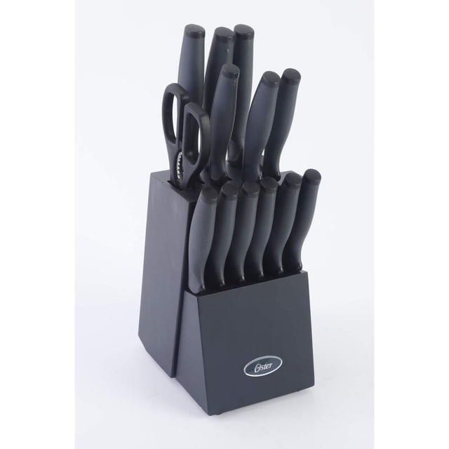 Oster Slice Craft Ensemble de Couverts 14 Pcs avec Bloc Noir Comprenant des Couteaux avec des Poignées sandwich en Acier Inoxydable Noir Incluant des Couteaux de chef et à Pain de 8 Pouces, des Couteaux Santoku de 6,5 et 5 Pouces, des Couteaux Utilitaires de 5 Pouces, des Couteaux d'Office de 3,5 Pouces, six Couteaux à steak de 4,5 Pouces et des Ciseaux dans un Bloc Noir Incliné avec logo Oster, Convient pour la Cuisine Ou pour Offrir.