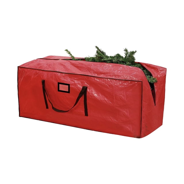 Bdday under bed storage container featuring a large red Christmas tree storage bag with black handles and a zipper closure. The bag is made of durable tear-resistant cloth and PVC material, designed to store artificial Christmas trees, decorative lights, wreaths, and other holiday decorations. It has a spacious interior, breathable fabric to keep items fresh, and measures 165 x 38 x 76 cm. Ideal as a holiday storage solution for organizing seasonal items.