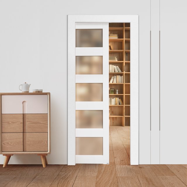 VEVOR Sliding Pocket Door 36" x 80" 5-Lite Frosted Glass Single Sliding Door