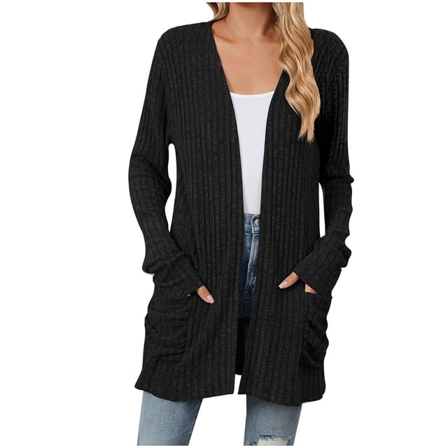 Yuyuzo Cardigan for Women 2024 Fall Ribbed Knit Sweater Open Front Long Sleeve Outwear with Pockets