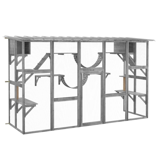 PawHut Grand Catio Extérieur avec Condos, Plateformes et Échelles Cat en Gris. Cette Maison Extérieure Cat Comporte Plusieurs Plateformes Surélevées, Rampes, Ponts et Boîtes Cat Douillettes, Offrant une Aire de Jeu Spacieuse pour Grimper, Se Détendre et Explorer. Fabriquée en Bois de Sapin durable avec un Toit Résistant aux Intempéries, Elle Mesure 118,1 Pouces de long, 37,4 Pouces de Large et 74 Pouces de Haut. Comprend une Grande Porte de Sortie, des Poteaux à Griffer et des Endroits Ombragés