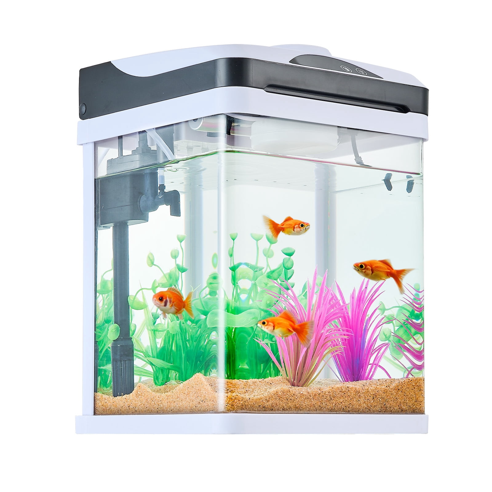 KFFKFF Fish Tank Aquarium, 2 Gallon LED Square Ultra-Clear Glass Tank Temperature Monitoring Adjustable 7 Color Lighting, Self Cleaning System Fishbowl