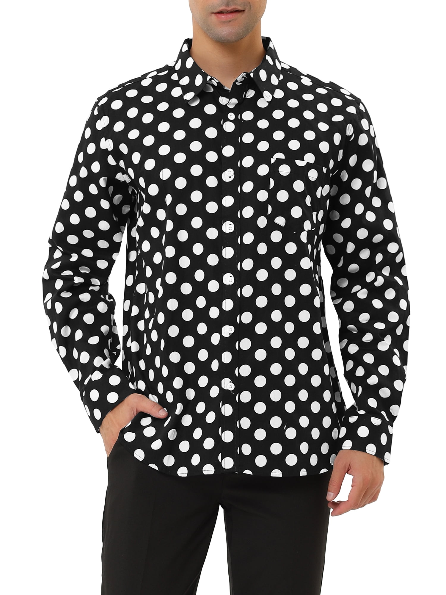 INSPIRE CHIC Men's Shirt Polka Dots Pattern Point Collar Long Sleeve Button Down Shirt 34 Black White