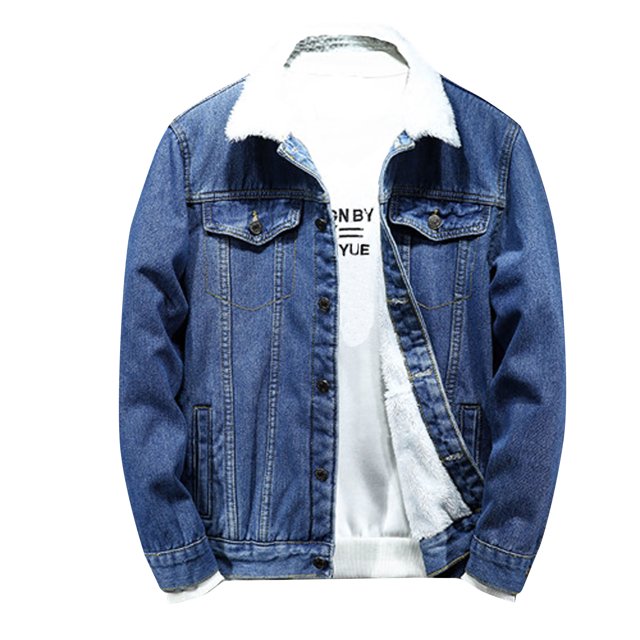 Men Casual Solid Thick Denim Jacket Plus Fleece Turndown Jacket Pocket Coat in a medium blue wash. The jacket features a button closure, two chest pockets with flaps, and two side pockets. It is lined with white fleece for added warmth and has a turndown collar. Suitable for autumn and winter, this jacket is designed for casual and outdoor activities such as hiking, camping, and daily wear. Made of 90% cotton, it offers a classic fit and versatile style.