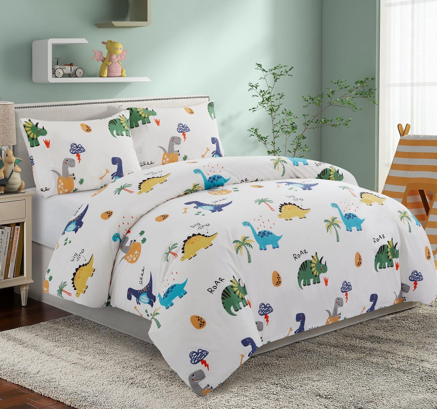 Literie Marina Décoration pour enfants, garçons et tout-petits, en percale de coton doux 600 fils, avec attache d'angle et fermeture à glissière, motif dinosaures et zoo