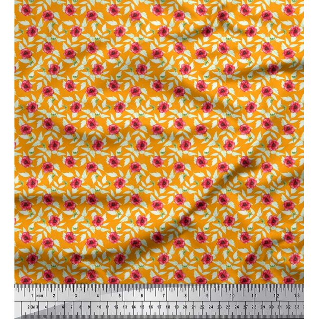 Soimoi Poly Georgette Fabric Leaves & Poppy Floral Decor Fabric Printed Yard 52 Inch Wide
