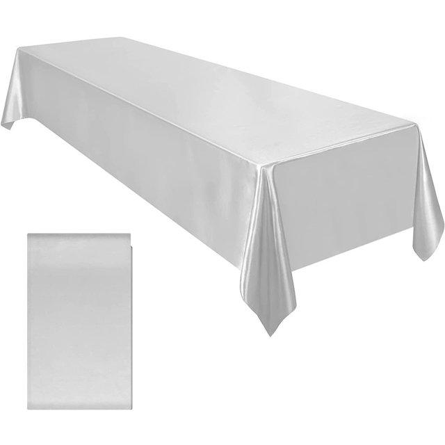 Lefu Satin Tablecloth Table Cloth measuring 145x260cm in a rectangular shape, shown in a sleek silver color. Made from high-quality satin polyester fabric, it is designed for banquet decor, weddings, dining tables, and other occasions. The tablecloth is water-resistant, reduces tableware noise, and protects tables from scratches and spills. Suitable for both indoor and outdoor use, including cafes, brunches, buffets, and parties.