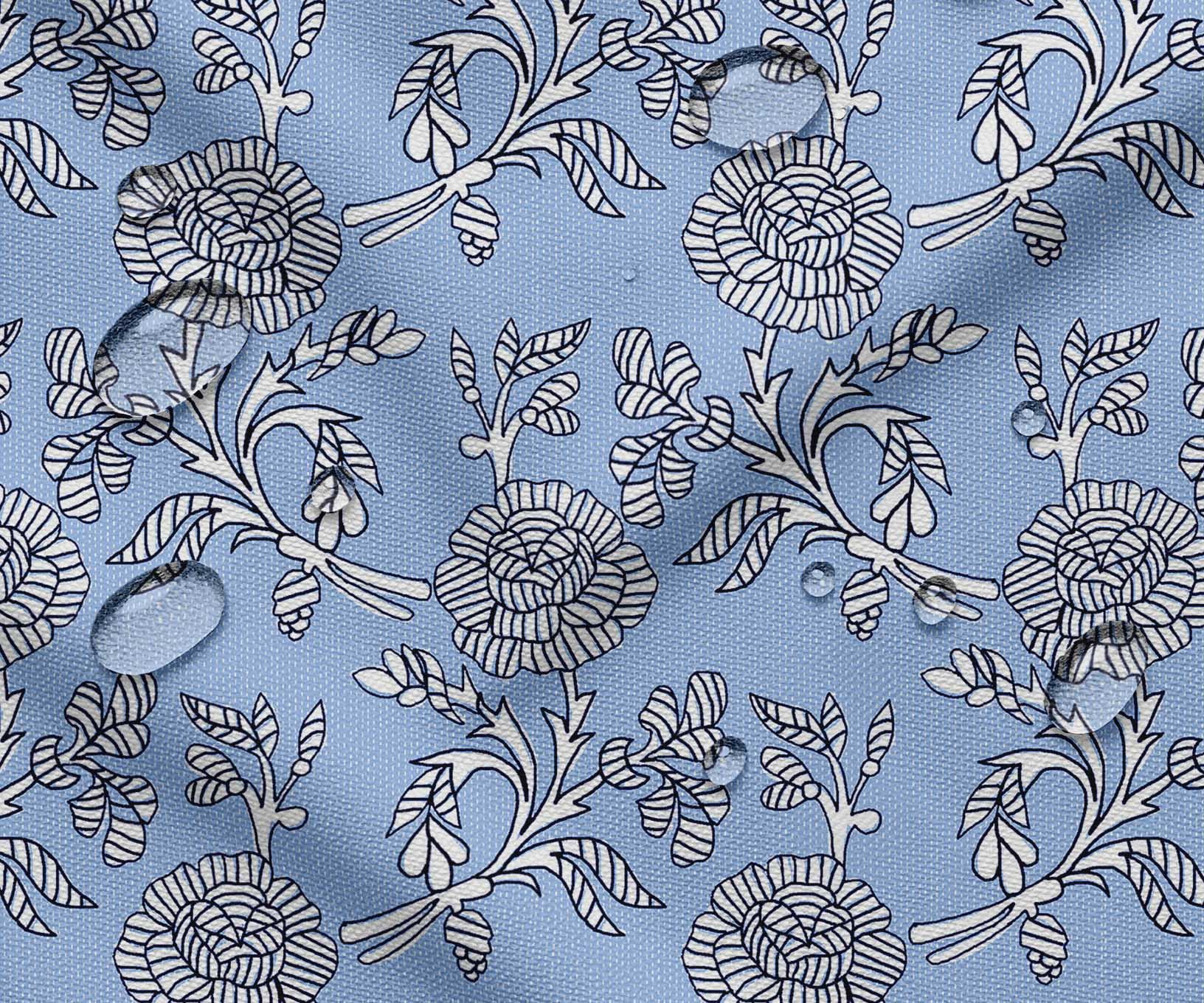 Soimoi Printed Waterproof Taffeta Fabric - Blue Floral Pattern | 56" Wide | For Outdoor Cushions, Awnings, Table Covers & Upholstery Projects, By 5 Yard