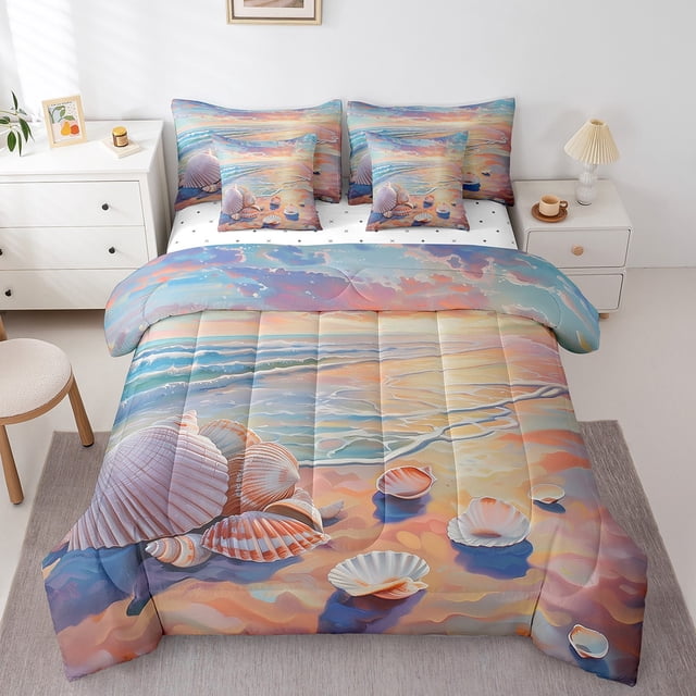 YST Watercolor Beach Bedding Set, Coastal Sea Shell Theme, 7-Piece, Full Size