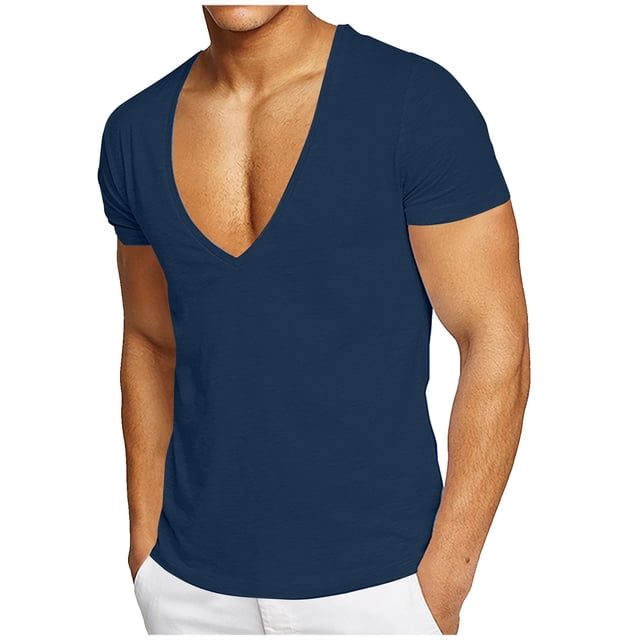 Deep V Neck T Shirt for Men Slim Fit Low Cut Vneck Tee Top Man Solid Color Summer Muscle Shirts