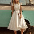 thumbnail image 4 of Tea Party Dress for Women Solid Color Cocktail Dresses Round Neck Sleeveless Ruffle Dress Lace Patchwork Dress, 4 of 4