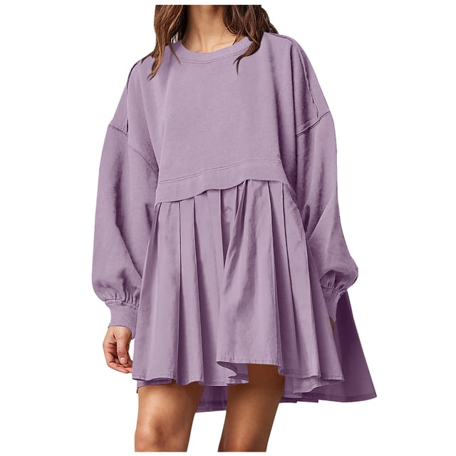 Pisexur Robe Chandail Surdimensionnée pour Femmes, Col Rond, Manches Longues, Patchwork, Robe d'Automne, Chandail à Enfiler, Hauts Amples et Fluides, Robe Chandail, Mini-Robe