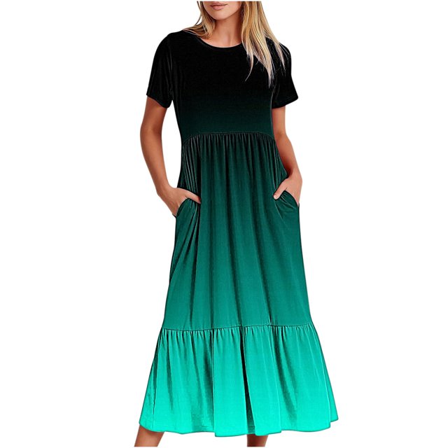 Penkiiy Robe à Manches Courtes pour Femmes à Imprimé Dégradé, Ample, Unie, Décontractée, d'Été, Fluide, à Étages, Longue Maxi avec Poches, m Bleu Pâle