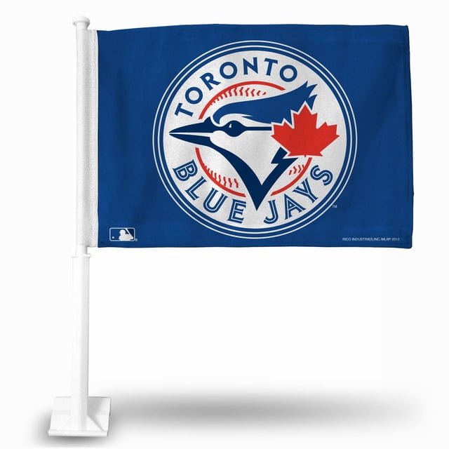 MLB Toronto Blue Jays Car Flag 11.25″ x 15.5” displaying a blue polyester flag with the Toronto Blue Jays logo of a blue jay head and red maple leaf on a white baseball circle, printed on both sides and mounted on a white 19-inch plastic pole for easy car window attachment, ideal for showing team pride outdoors.
