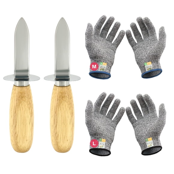 VASDEV 2 Pack Stainless Steel Oyster Shucker Set with 2 Pairs Level 5 Cut Resistant Gloves, Seafood Shell Opener for Oysters & Shellfish Prep
