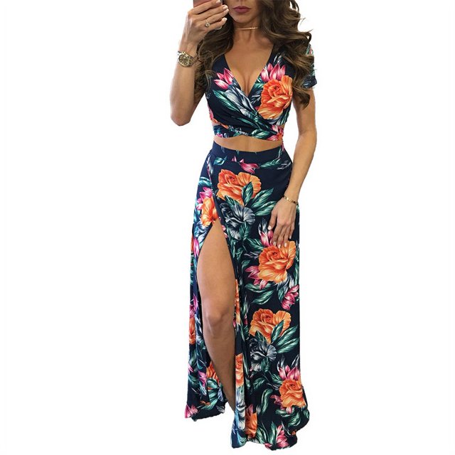 Nouvelle Robe Classique à Fleurs Style Explosion pour Femmes, Robe Deux Pièces Imprimée Fendue