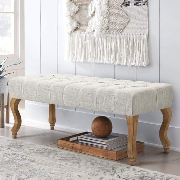AVAWING Banc d'Entrée Vintage Français Capitonné à Boutons, Banc d'Accent en Tissu de Lin avec Pattes en Bois Vieilli pour Salon, Vestibule, Salle à Manger, Beige