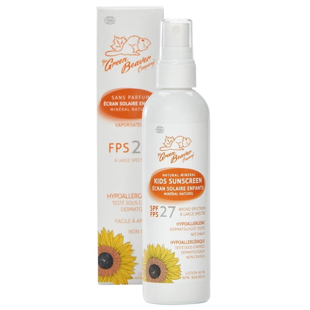 Green Beaver 100% natural Mineral Sunscreen For Kids SPF 27 spray in white bottle with clear cap, featuring orange sunflower graphic and text highlighting broad spectrum UVA/UVB protection, hypoallergenic and dermatologist tested formula, moisturizing and non-chalky, with product box in background.