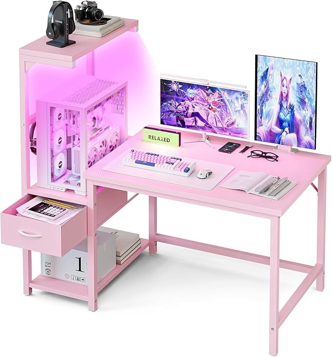 Gaming Desk 41 Inch with CPU Stand and LED Light, Computer Desk with Reversible Shelves and Storage Drawer, Pc Small Desk for Home Office Table with Bag, Pink