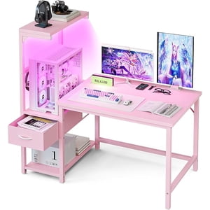 Bureau de jeux 41 De pouce avec CPU Restez debout et LED Bureau d'ordinateur léger avec étagères réversibles et tiroir de rangement, petit bureau Pc pour la table de bureau à domicile avec sac, rose
