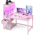 Gaming Desk 41 Inch with CPU Stand and LED Light, Computer Desk with Reversible Shelves and Storage Drawer, Pc Small Desk for Home Office Table with Bag, Pink