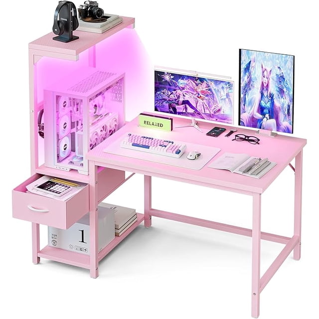 Gaming Desk 41 Inch with CPU Stand and LED Light, Computer Desk with Reversible Shelves and Storage Drawer, Pc Small Desk for Home Office Table with Bag, Pink