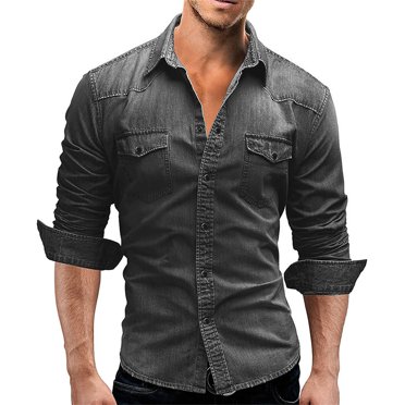 Men Denim Long-Sleeve Beefy Button Basic Solid Blouse Tee Shirt Top